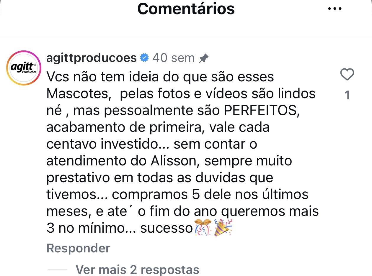 Depoimento do cliente Agitt Produções sobre mascotes premium