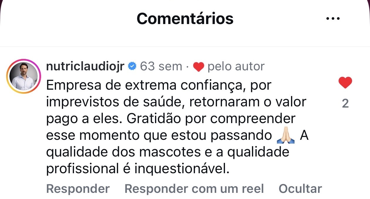 Depoimento de cliente sobre confiança e qualidade dos mascotes